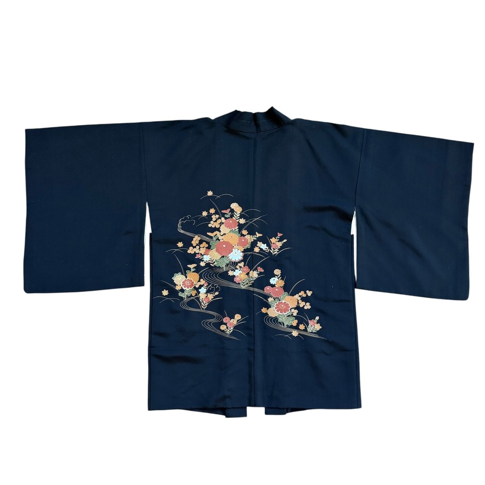 Vintage Japanese Haori Kimono Jacket Black Silk Floral Painted Duster